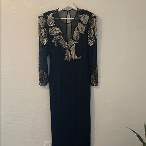 Scala vintage silk 80’s heavy black beaded gown with Gold Leaf Embellishments